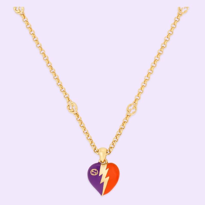 18K Gucci Double Interlocking Gucci Heart Lightning Charm Necklace