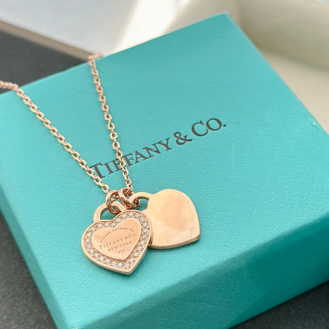 18K Tiffany Red Double Heart Diamond Necklace
