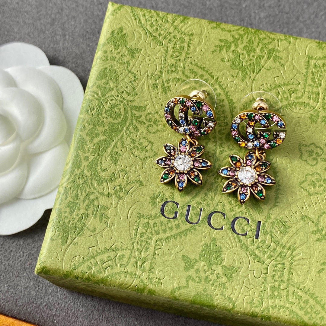 18K Gucci Double Flower Pendant Earrings
