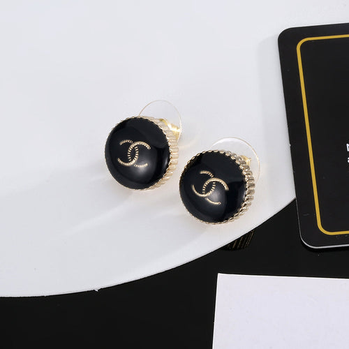 18K Chanel Circle Black Resin Earrings