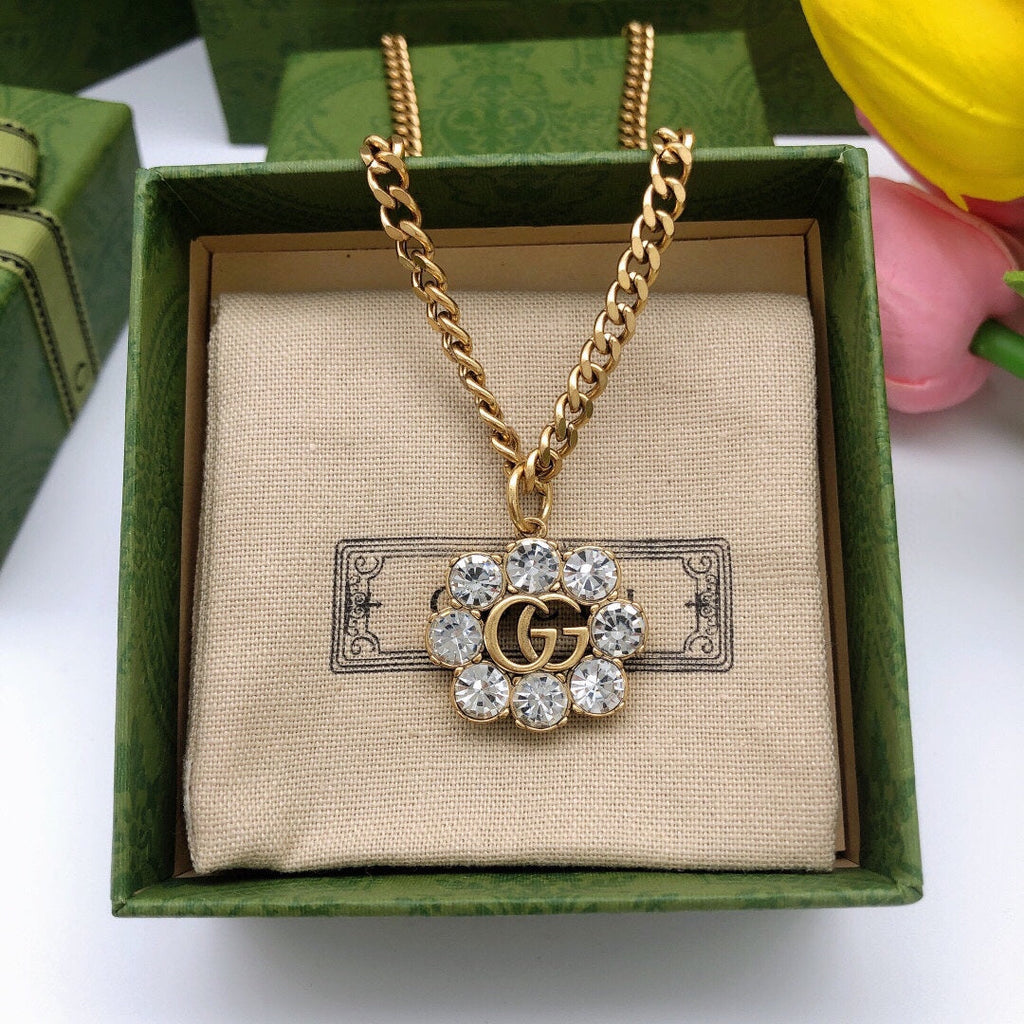 18K Gucci Double Flower Crystals Necklace
