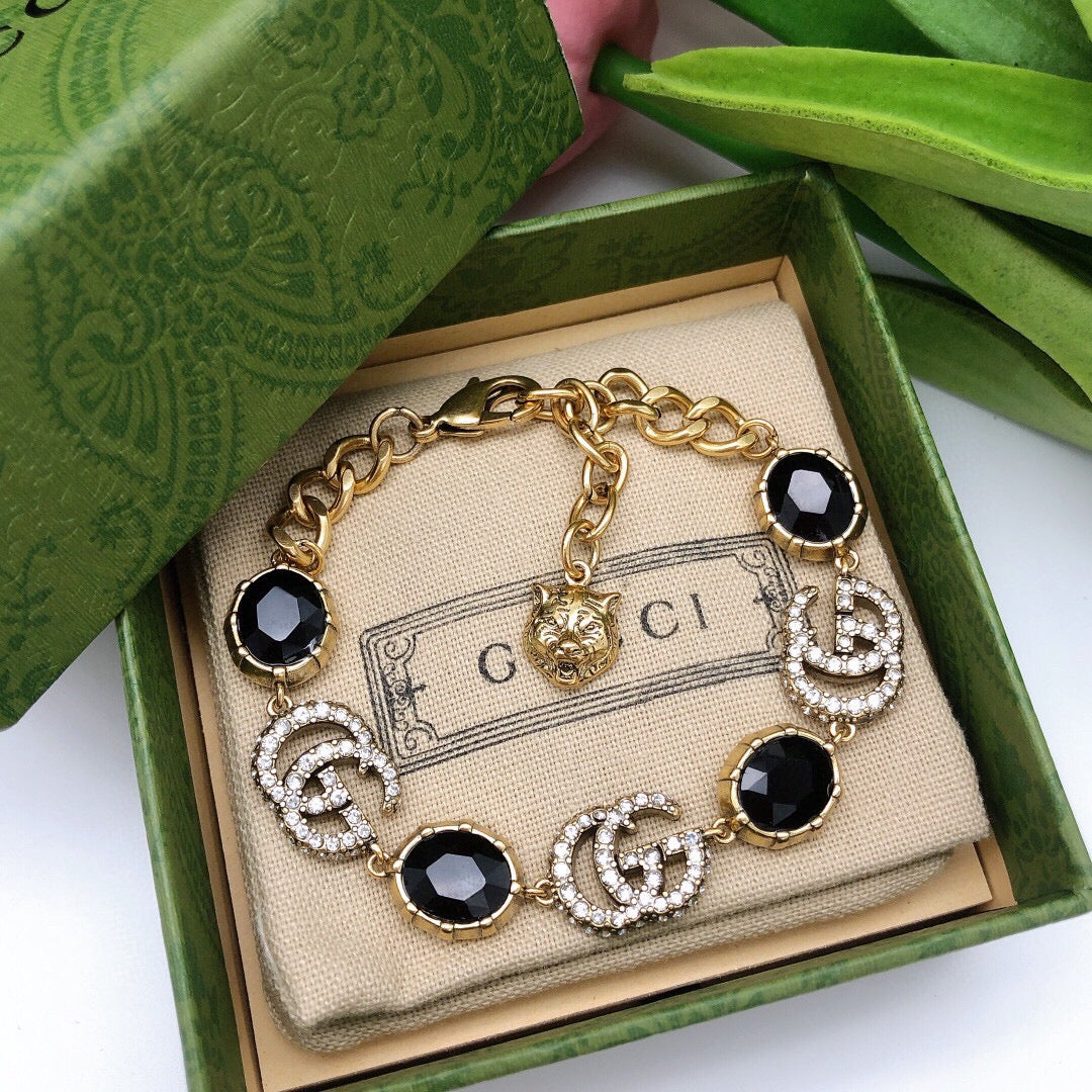 18K Gucci Double Black Stones Chain Bracelet
