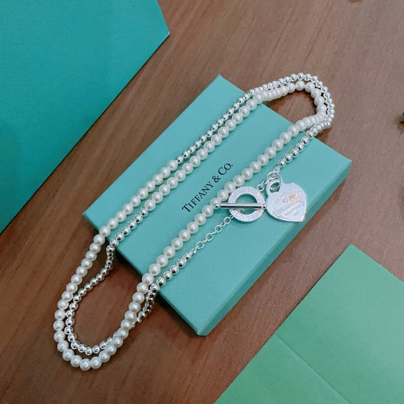 18K Tiffany Return to Heart Tag Chain Pearl Link Necklace