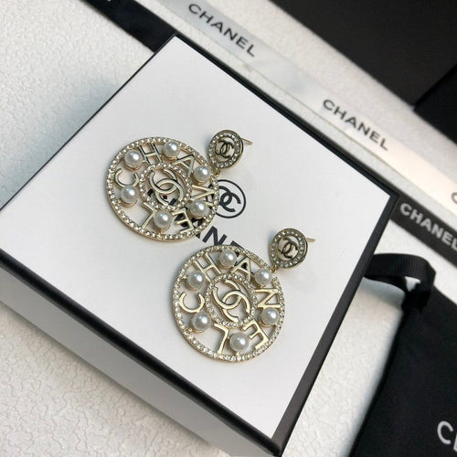 18K Chanel Circle Pearl Pendant Earrings
