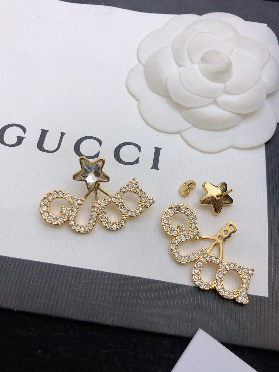 18K Gucci Double Script Star Earrings