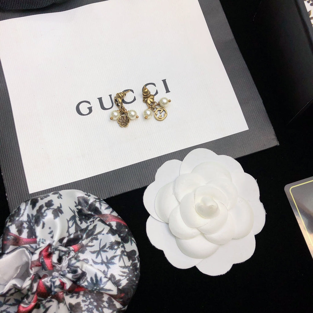 18K Gucci Double Flower & Pearl Pendant Earrings