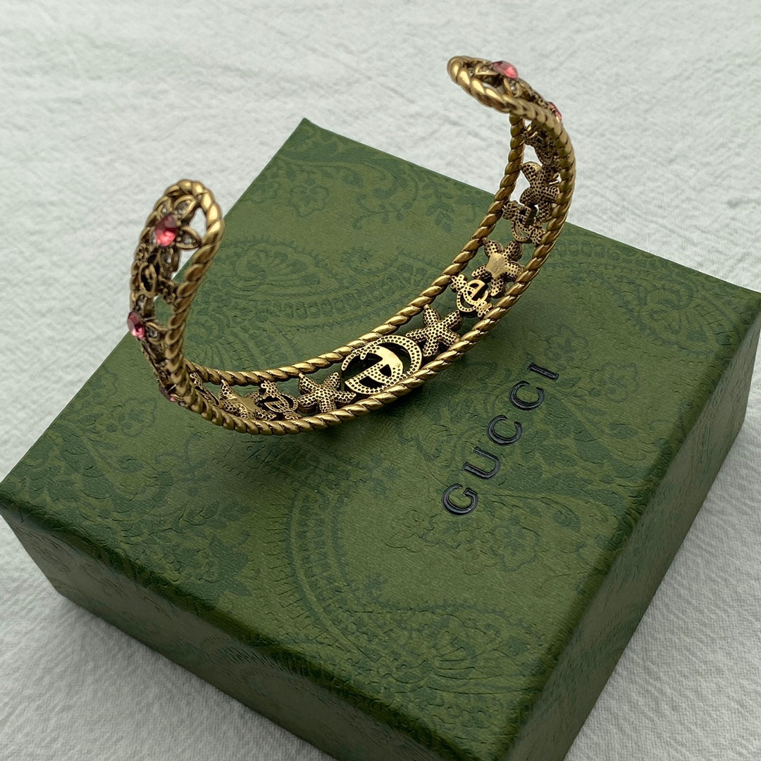 18K Gucci Double Red Crystal Flower Cuff Bracelet
