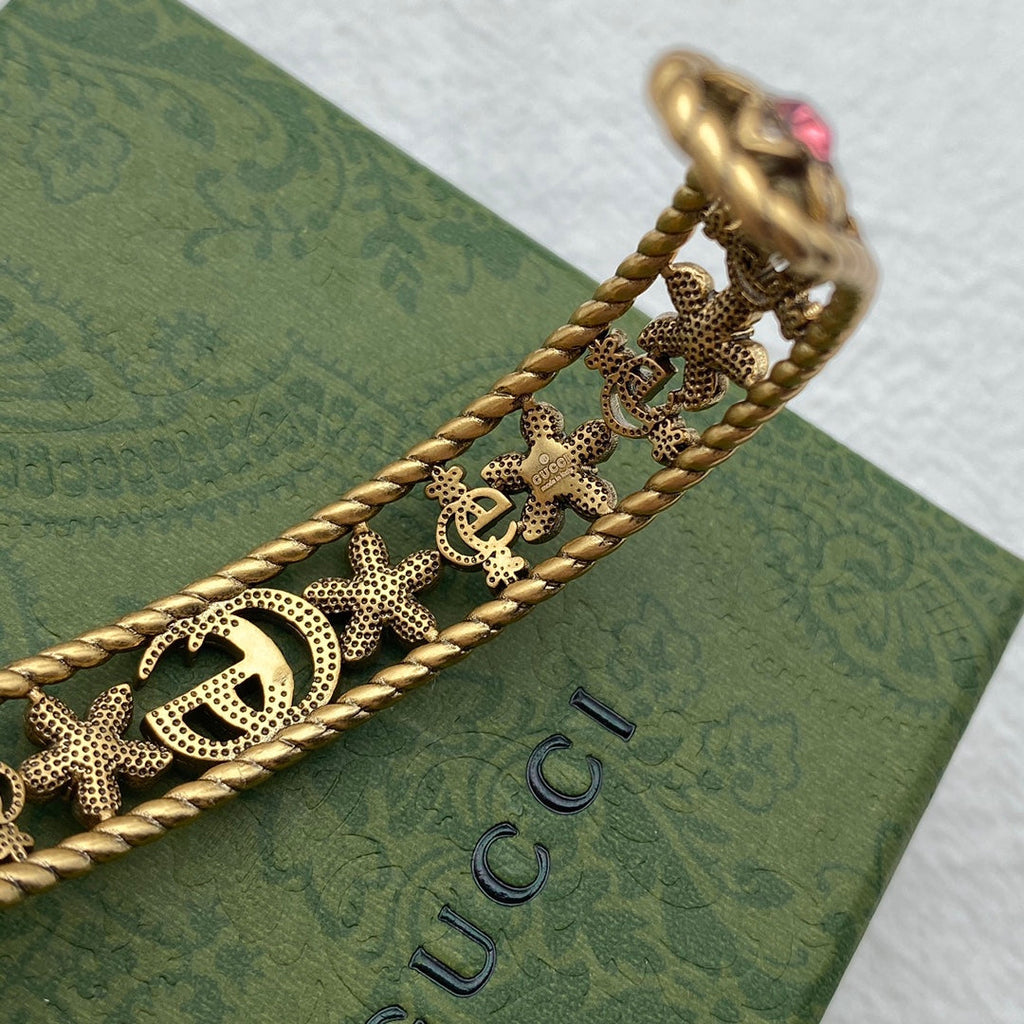 18K Gucci Double Red Crystal Flower Cuff Bracelet