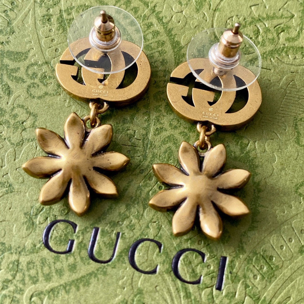 18K Gucci Double Flower Pendant Earrings